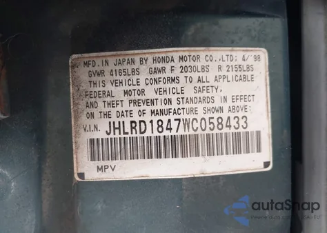 1998 Honda Cr-V Lx from USA, damaged, VIN JHLRD1847WC058433